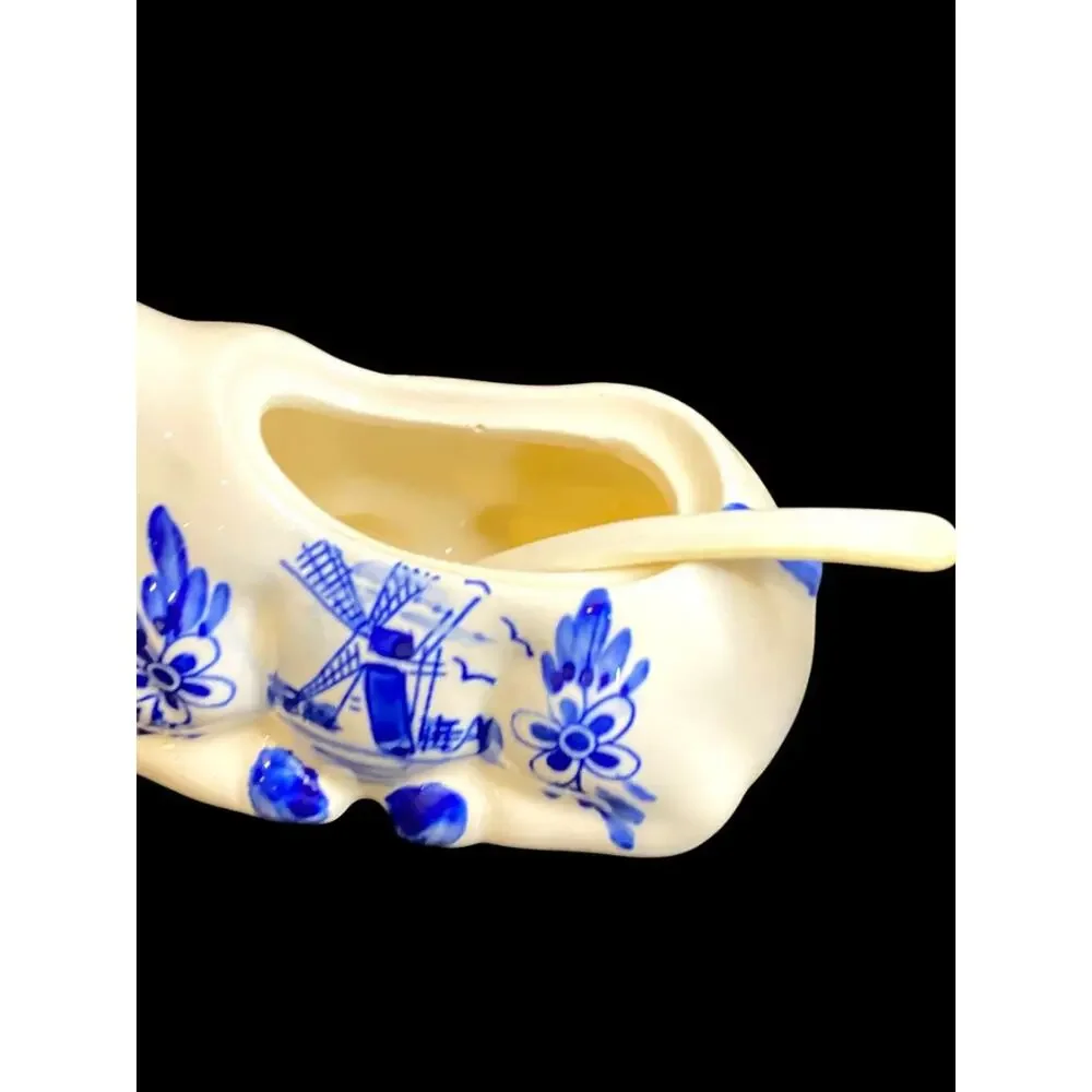 Vintage Delft Style Figural Cow Creamer and Sugar Set Windmill Design